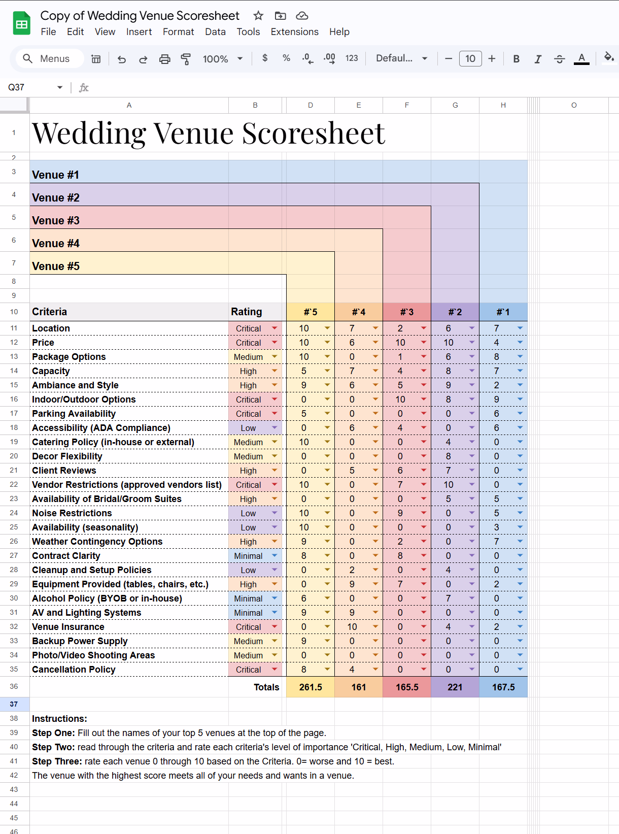 wedding venue and vendor scoresheet